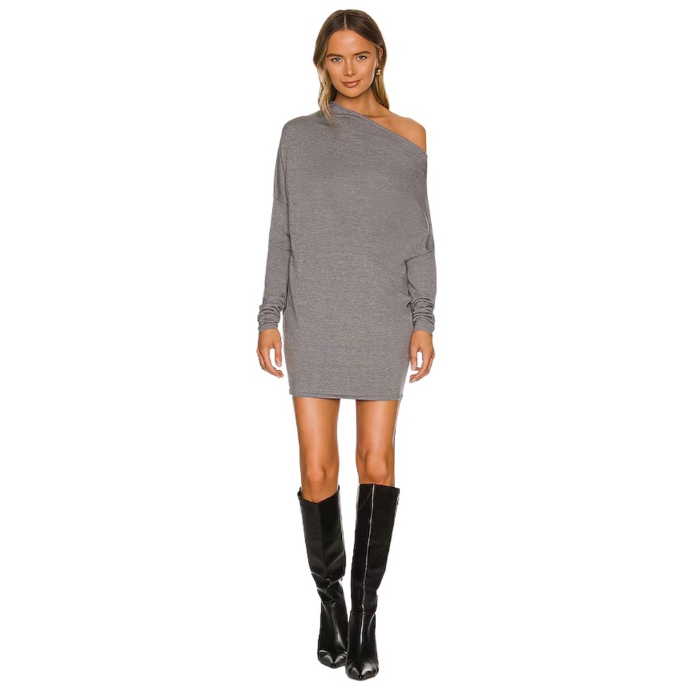 NBD Dress Womens Medium Gray Cortado Boat Neck Off Shoulder Dolman Sleeve Mini